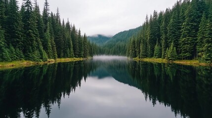 A serene landscape featuring a calm lake surrounded by towering evergreen trees, creating a peaceful and reflective atmosphere in nature.