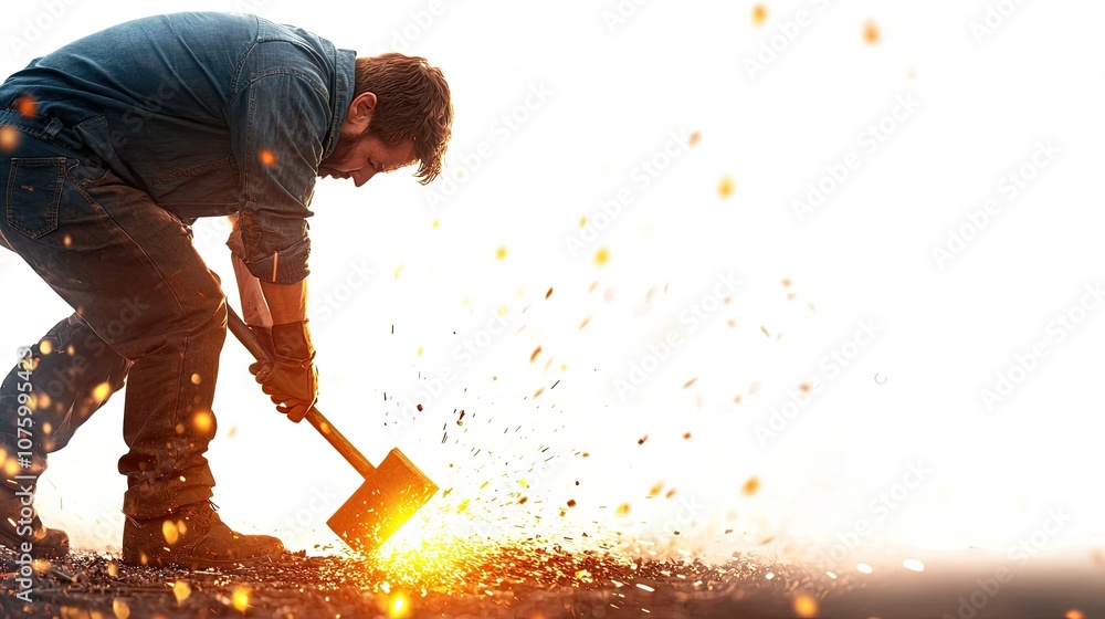 Poster worker with hammer creating sparks in a dynamic scene of metalwork, capturing the intensity and pass