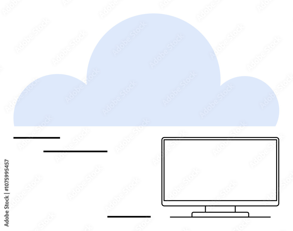 Poster desktop monitor beneath large cloud represents internet storage. ideal for cloud computing, data sto