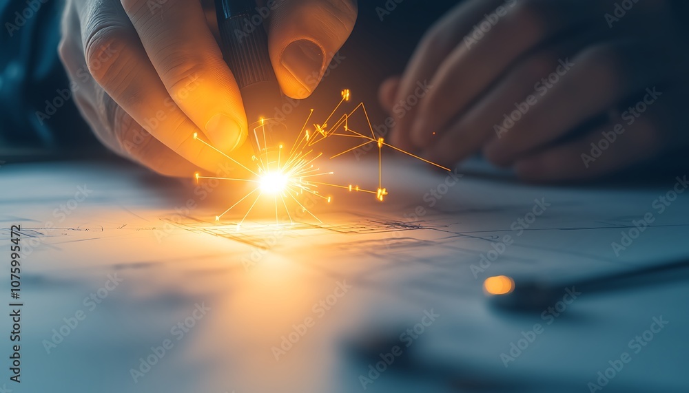 Poster A close-up of hands creating sparks while working on a project, emphasizing craftsmanship and precision in a lighting-focused environment.