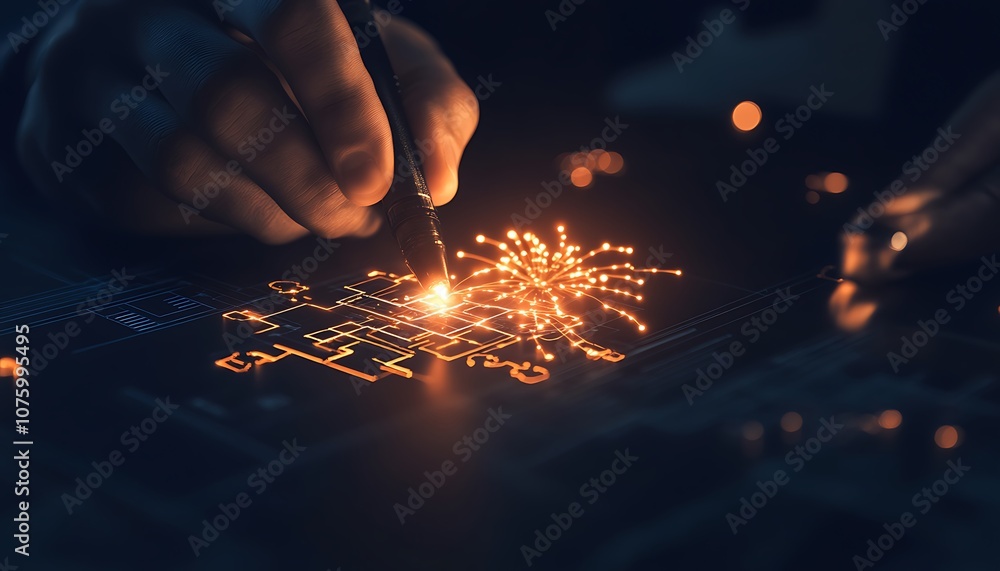 Poster a close-up of a hand crafting intricate electronic circuitry, with sparks illuminating the dark back