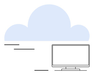 Desktop monitor beneath large cloud represents internet storage. Ideal for cloud computing, data storage, online services, digital workflow, technology innovations, IT infrastructure, remote work