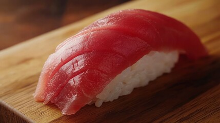 A vibrant piece of salmon sushi rests on a wooden platter, showcasing its fresh texture and appetizing appearance.