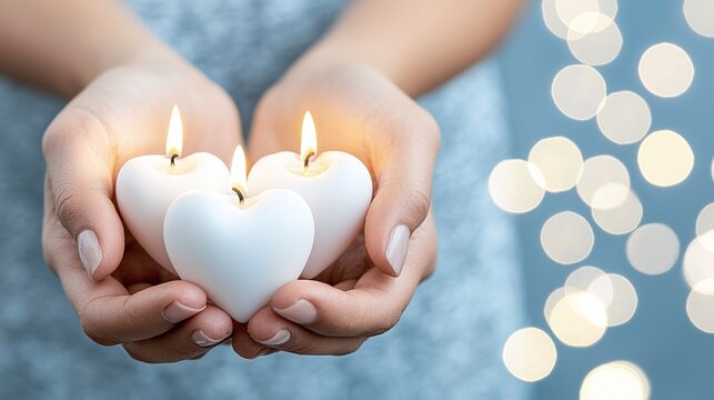 Heart love passion trust concept. A gentle scene featuring hands holding three heart-shaped candles, emitting a warm glow, with a blurred bokeh background enhancing the atmosphere.