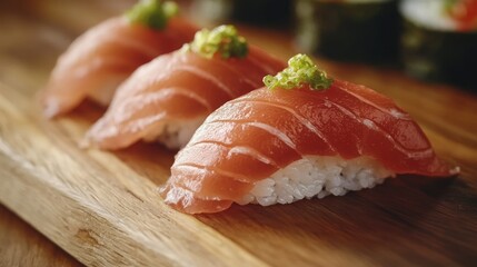 Fresh sushi featuring salmon slices with wasabi, beautifully presented on a wooden board, highlighting Japanese culinary art.