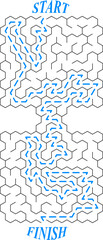 Vector labyrinth composed of 2connected rectangular mazes with hexagonal cell. Black and white riddle with entry and exit. Find the way through labyrinth puzzle