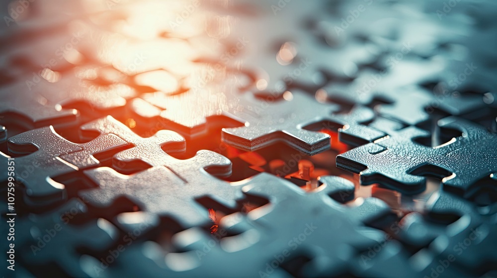 Poster close-up view of interlocking puzzle pieces with a glowing background, perfect for representing prob