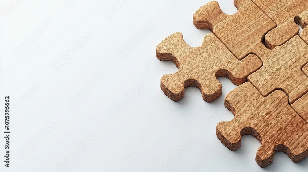 Poster wooden puzzle pieces arranged neatly on a light background for conceptual representations of problem