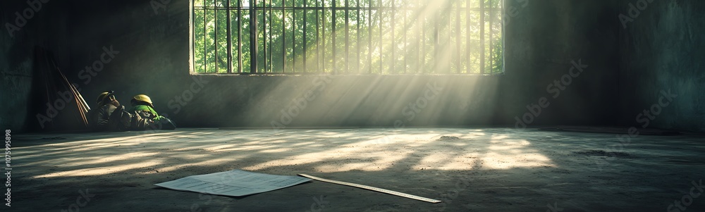 Poster a dimly lit room with rays of sunlight streaming through a barred window, highlighting an abandoned 