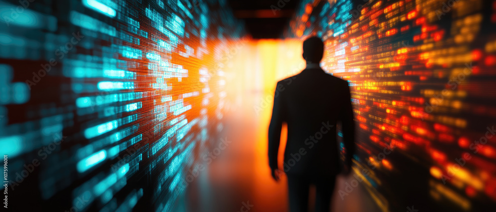 Poster businessman navigating a corridor filled with dynamic charts against a sleek black background, symbo