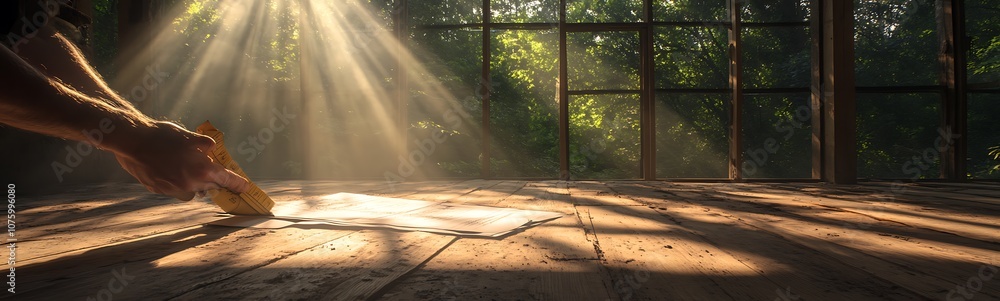Poster a serene scene depicting sunlight streaming through a window, illuminating a wooden floor as a hand 