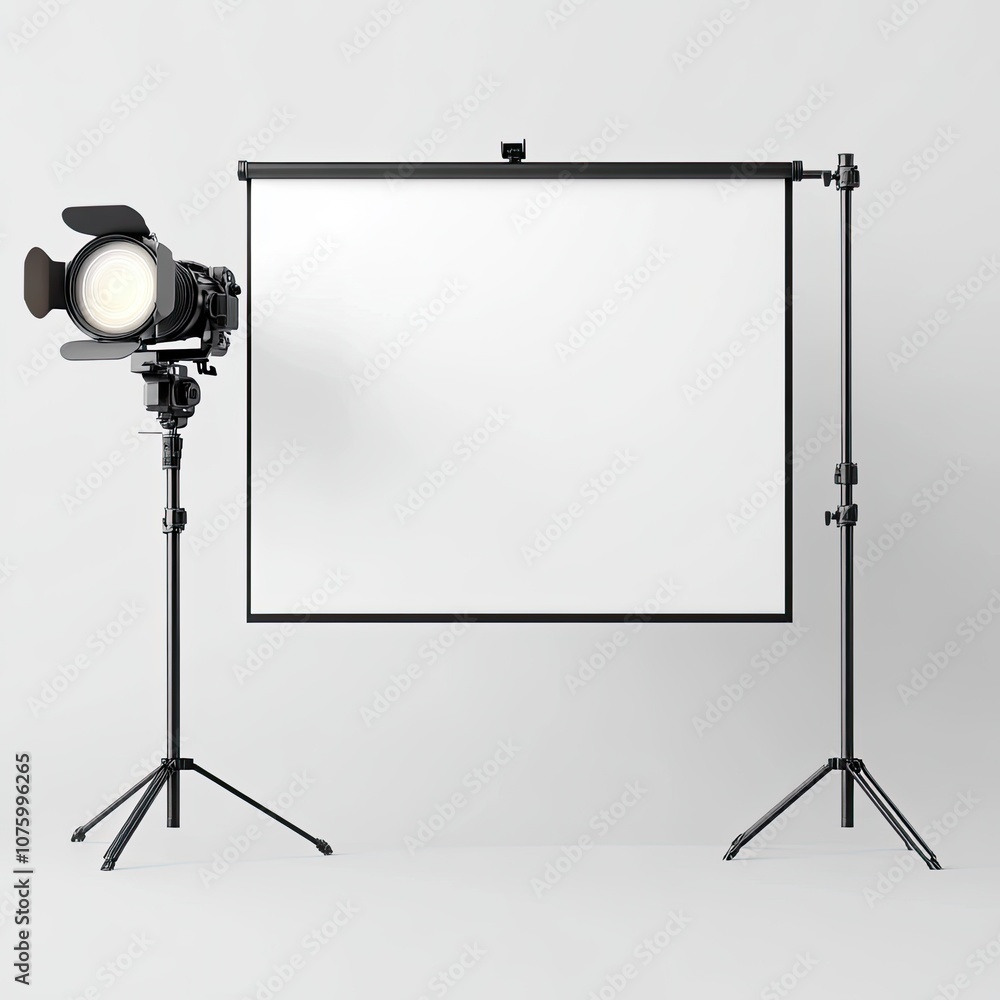 Poster professional studio setup featuring a softbox light and blank canvas backdrop for photography, showc