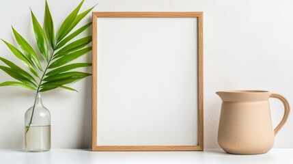 A minimalist display featuring a blank frame, a green plant, and a ceramic pitcher on a light surface, creating a serene, stylish atmosphere.