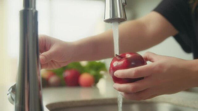 Woman turning on the tap and washing red apple in the kitchen sink. Slow motion. 