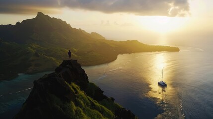 Solitary Figure on a Clifftop with a Sailboat and Sunset in the Distance
