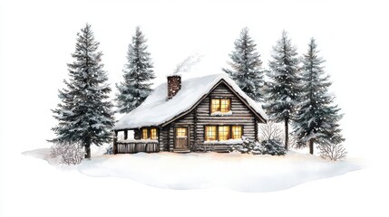 Naklejka premium Charming wooden cabin surrounded by snow-covered evergreens, creating a cozy winter landscape with warm light glowing from windows.