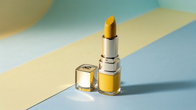 A yellow lipstick placed on a gradient pastel background