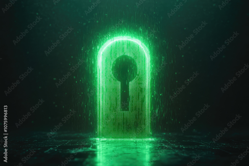 Poster neon green code matrix lock, a sleek, minimalistic design featuring a digital lock pattern in vibran