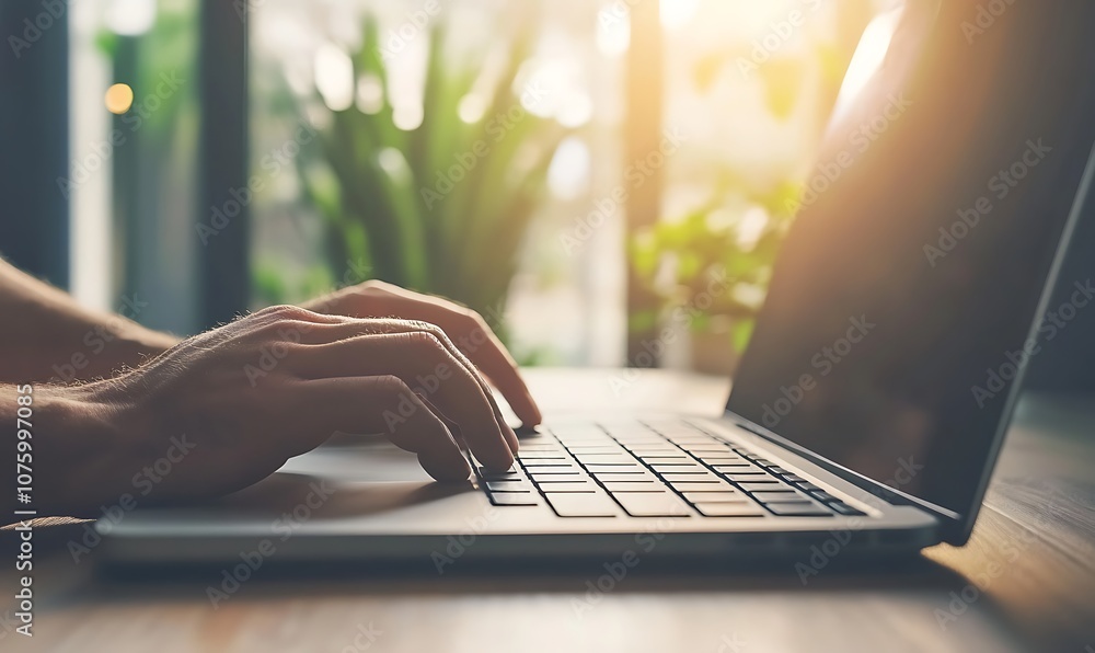 Aufkleber a close-up of a person's hand typing on a laptop in a bright, sunlit workspace with greenery in the 