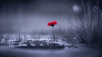 Obraz premium Red Poppy Flower in Twilight Marsh Scene with Reflections and Reeds