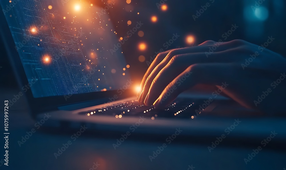 Poster A close-up of hands typing on a laptop, surrounded by glowing particles, creating a digital and technological atmosphere.