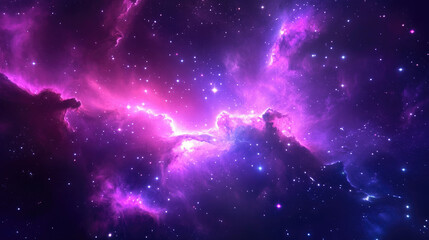 Vibrant Nebula in Cosmic Expanse, a stunning display of purple and red hues illuminating a celestial landscape filled with countless stars