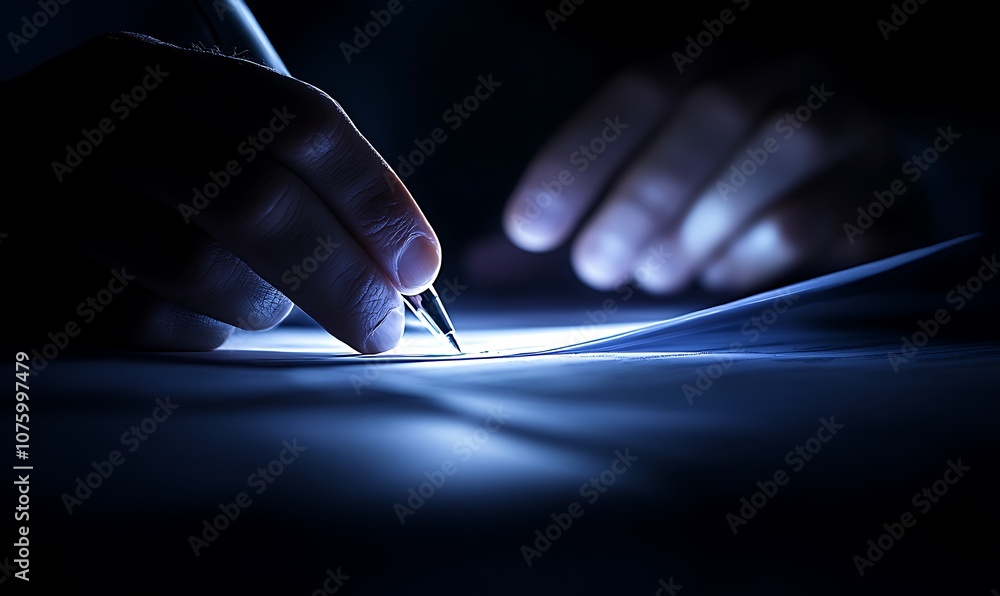 Poster a person sketches with a pencil in low light, casting a soft glow that highlights the artistic proce