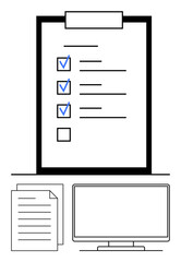 Digital checklist with marked tasks on a clipboard. Accompanied by blank checkbox, document pages, and computer monitor. Ideal for productivity tools, task management, office jobs, organization, goal