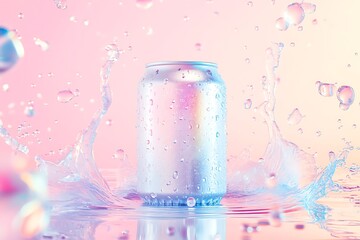 can with drops and aqua splash with scattering splashes. 3d rendered illustration.