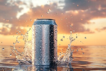 can with drops and aqua splash with scattering splashes. 3d rendered illustration.