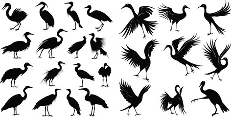 Heron Bird Silhouettes on Transparent Background, Elegant Heron Bird Silhouette Set