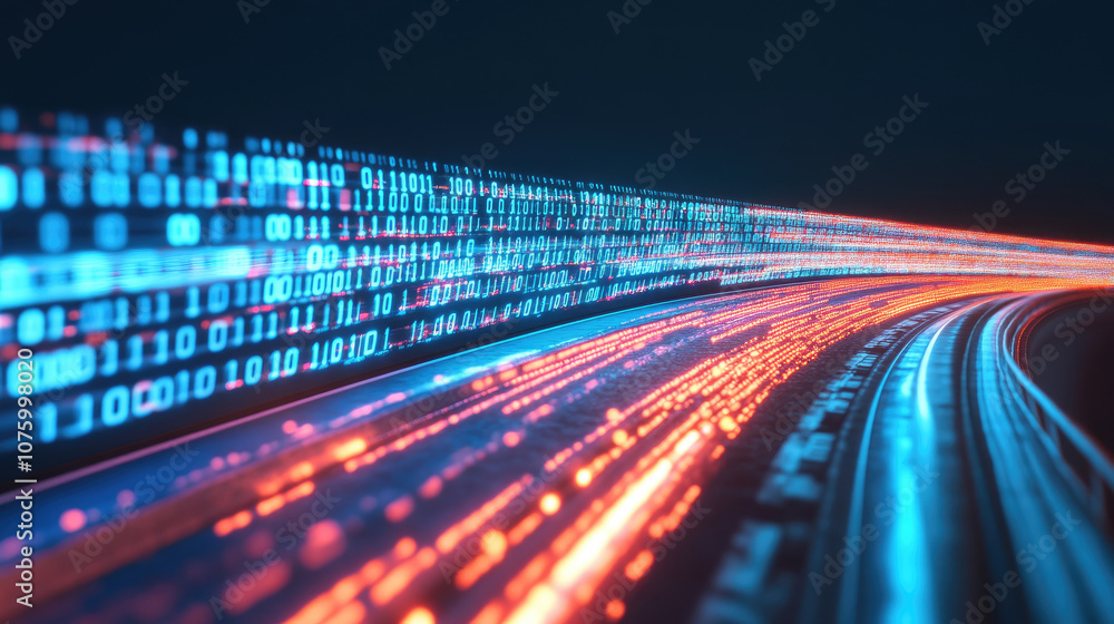 Poster dynamic data stream along a highway, vibrant lines of light representing digital information, captur