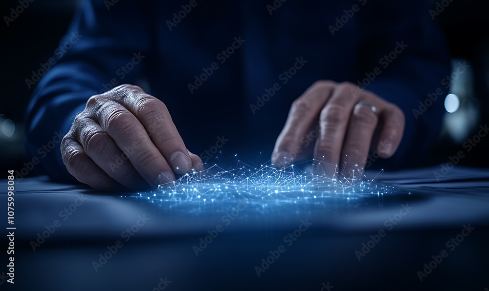 Poster a pair of hands interacting with luminous particles above a surface, suggesting technology, data man