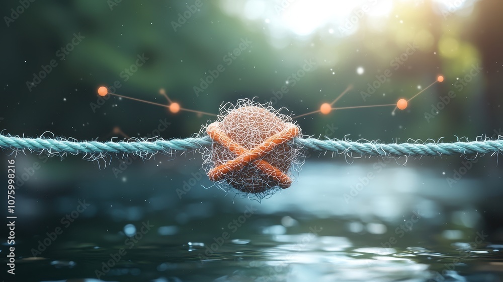 Poster abstract representation of interconnected fibers and nodes suspended over a tranquil river, highligh