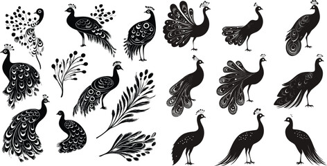 set of Peacock Silhouette Set Vector Art, Vector Silhouettes of Peacocks in Full Display