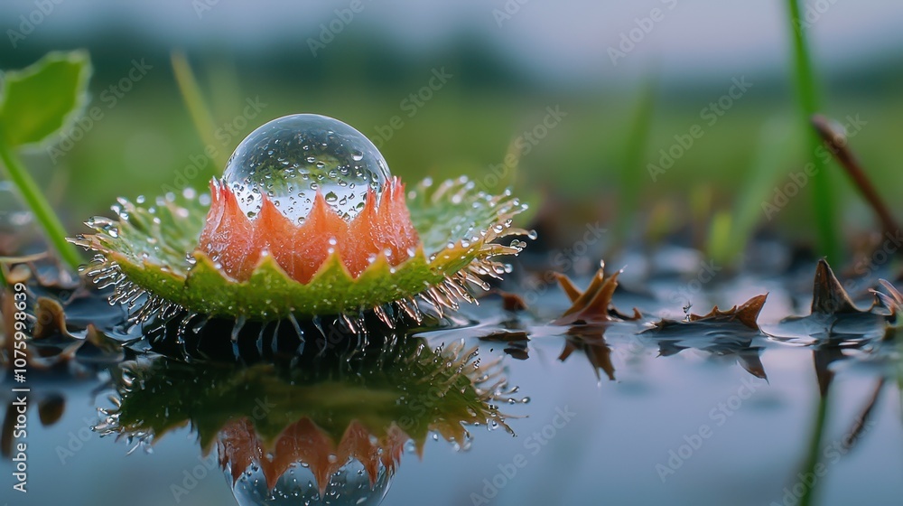 Poster captivating close-up of a dew-drop on a leaf with unique reflection and nature's wonders showcased i