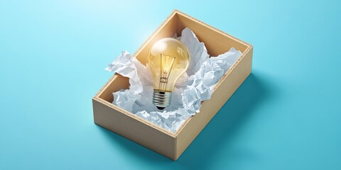 Fototapeta premium Innovative concept: Broken light bulb in wooden box surrounded by crumpled paper on turquoise background, symbolizing creativity.