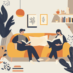 Couple Relaxing on a Sofa, Reading Books Together
