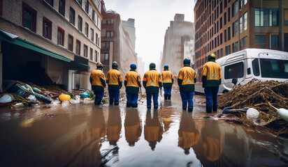 Obraz premium A group of volunteers gathers on a flooded street, collaborating to clear debris and help with cleanup efforts after a devastating flood.
