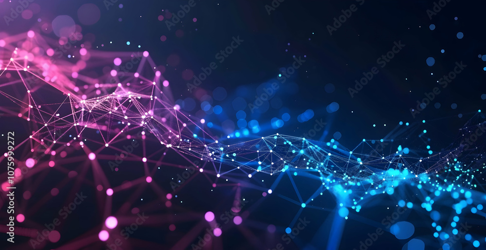 Aufkleber abstract futuristic background with blue and pink glowing digital mesh lines on a dark background, c
