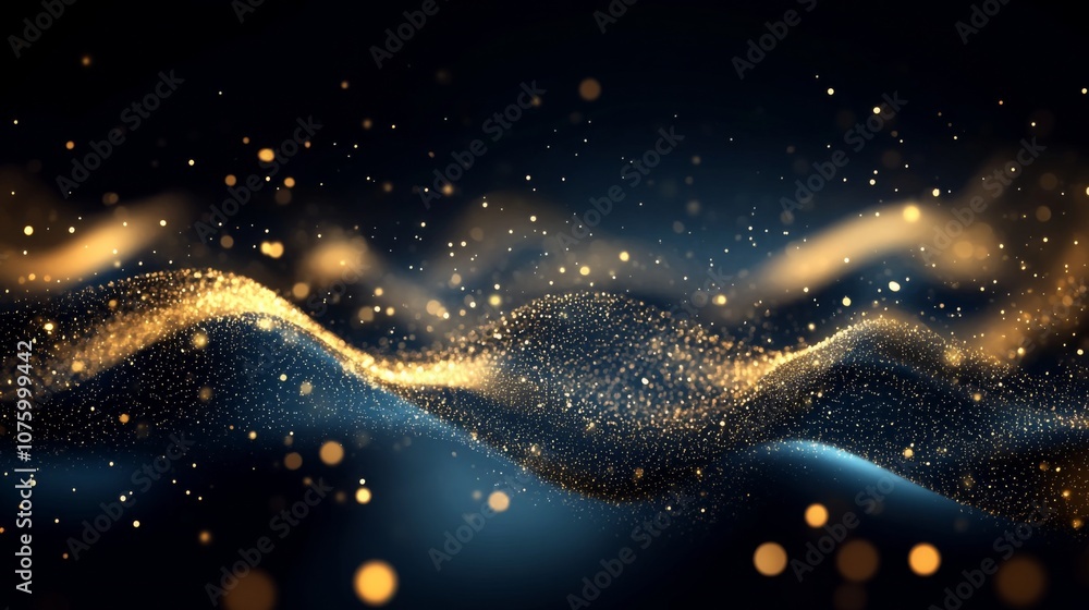 Poster luxurious dark blue abstract background with gold particles creating movement and energy in bokeh ef