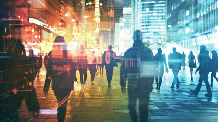 Silhouettes of People Walking Through a City Street at Night with Glowing Digital Effects
