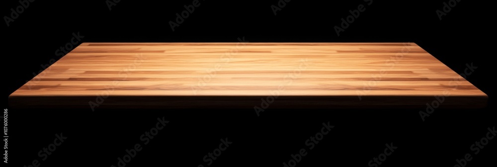 Poster rectangular wooden table top in light wood grain 3d rendering on black background.