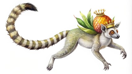 Fototapeta premium A Ring-tailed Lemur Wearing a Pineapple Crown