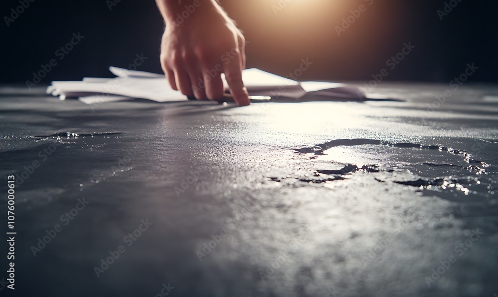 Poster A hand reaches down to touch papers on a reflective surface, illuminated by a warm light, creating an intimate and thoughtful atmosphere.
