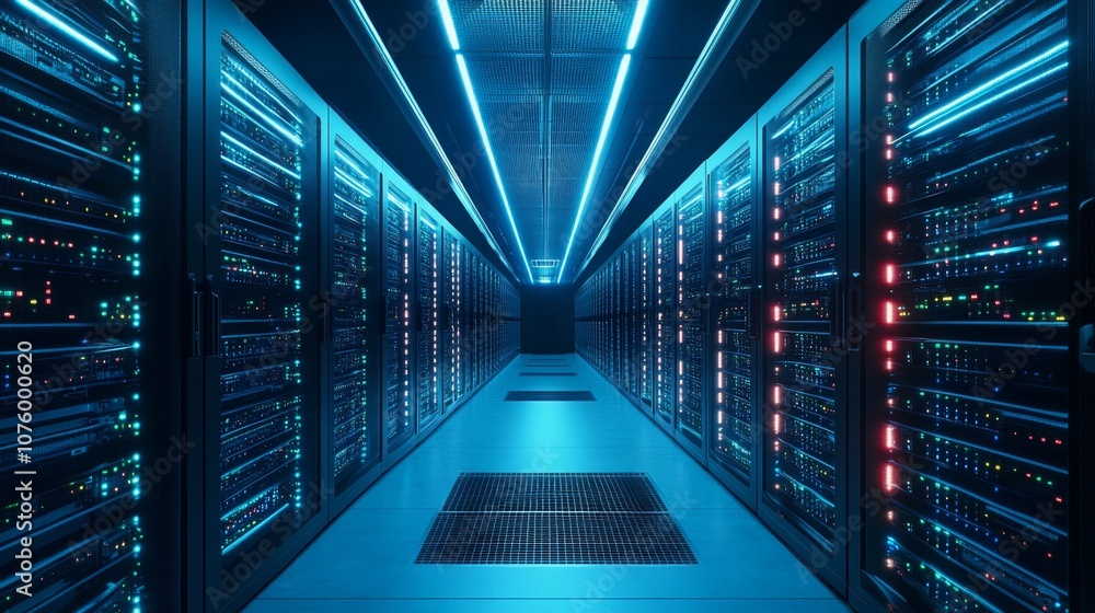 Poster tech-savvy corridor in data center with rows of servers and storage cabinets illuminated in blue and