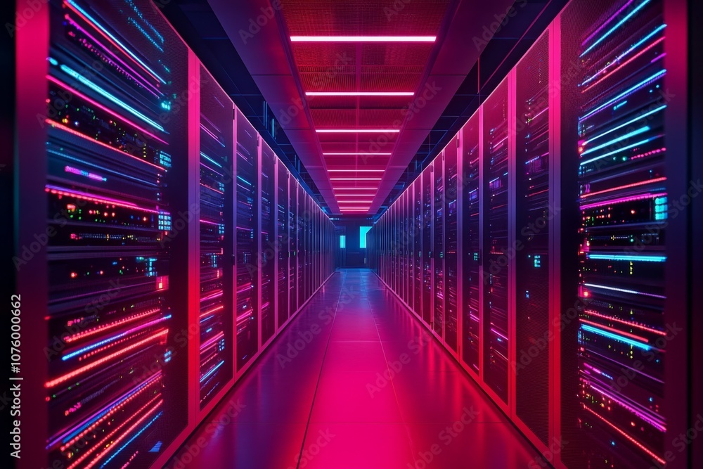 Poster futuristic data center corridor with colorful servers in neat order on concrete floor, high ceiling 