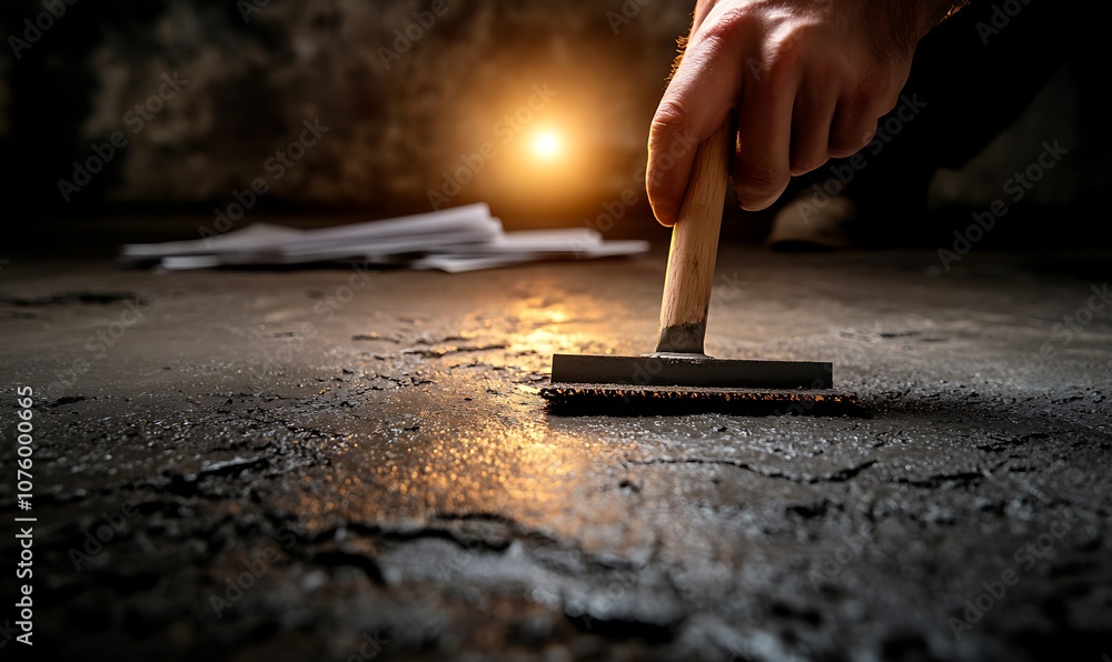 Aufkleber A hand using a tool to scrape a textured surface, illuminated by a warm light, suggesting a home improvement or restoration project.