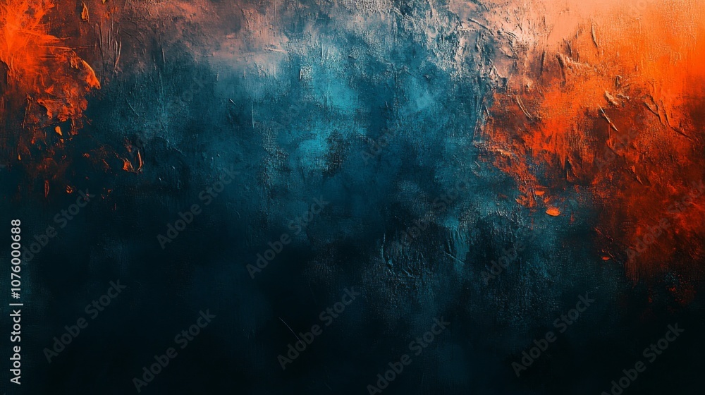 Poster abstract painting with dark blue and orange color scheme, blending to create depth and dimension. mo