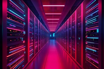 Fototapeta premium Futuristic Data Center Corridor with Colorful Servers in Neat Order on Concrete Floor, High Ceiling Lights.